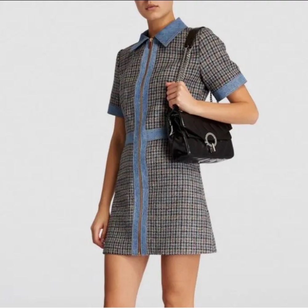 Sandro Check Mary Mini Dress with Blue Denim Trim *LIKE NEW* Size 34